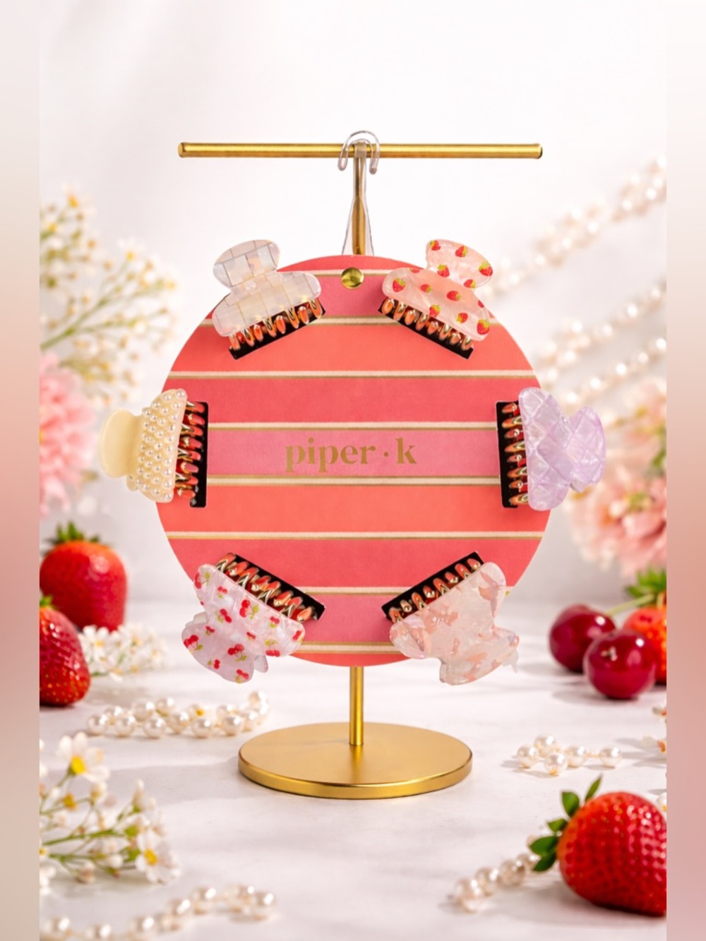 Piper K Pastel Mini Hair Claw Set - Pink, Pearl, Cherry, Strawberry Accents
